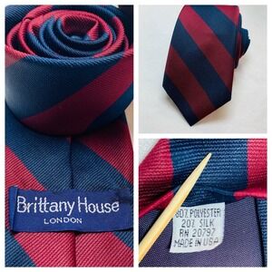 Brittany‎ House Repp Tie Necktie Diagonal Stripe Red Navy Blue Vtg Silk Blend